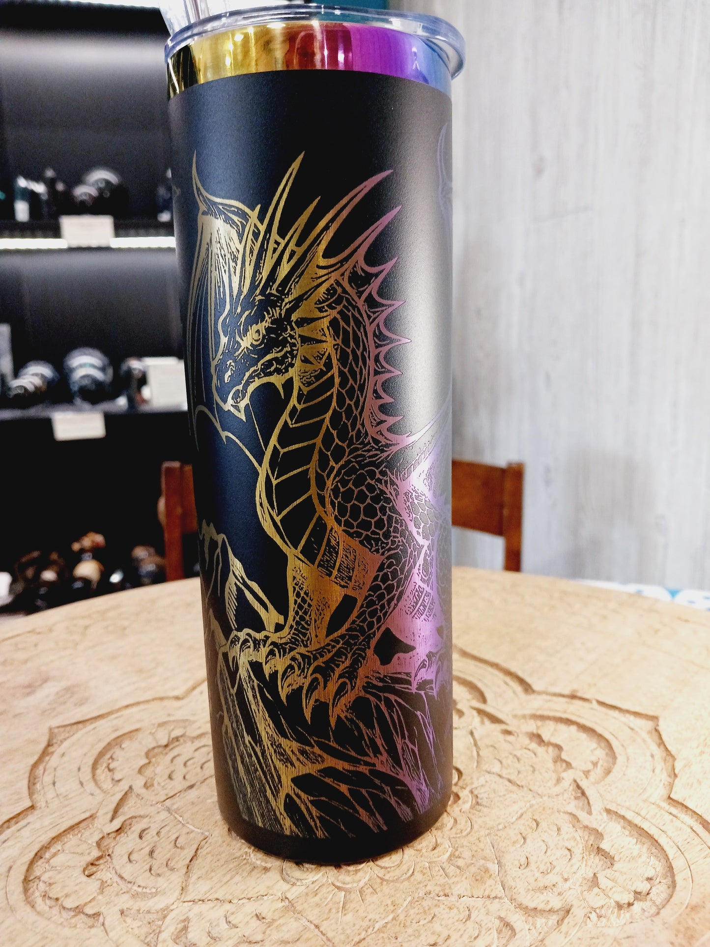 🐉🌈 20 oz. Black and Rainbow Metal Tumbler – Mountain Dragon Laser Etched Magical Hydration and Adventure-Ready! ✨