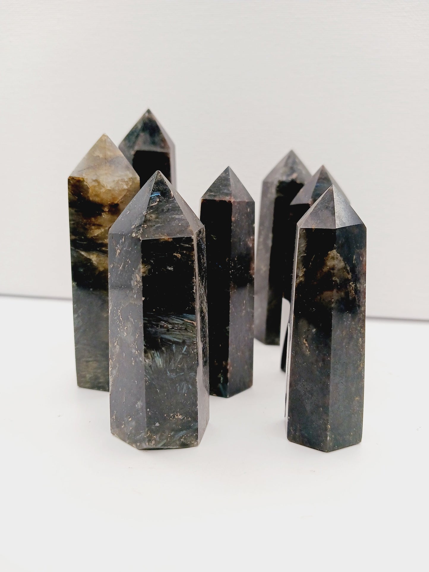 Astrophyllite (firework stone) with garnet tower, 2.5ā3 inches, hand-polished with golden flashes and deep red inclusions, displayed on a white background.
