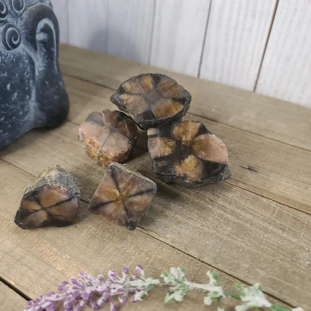 Polished Chiastolite Cross Stone featuring a distinct, naturally formed cross pattern, displayed on a white background.