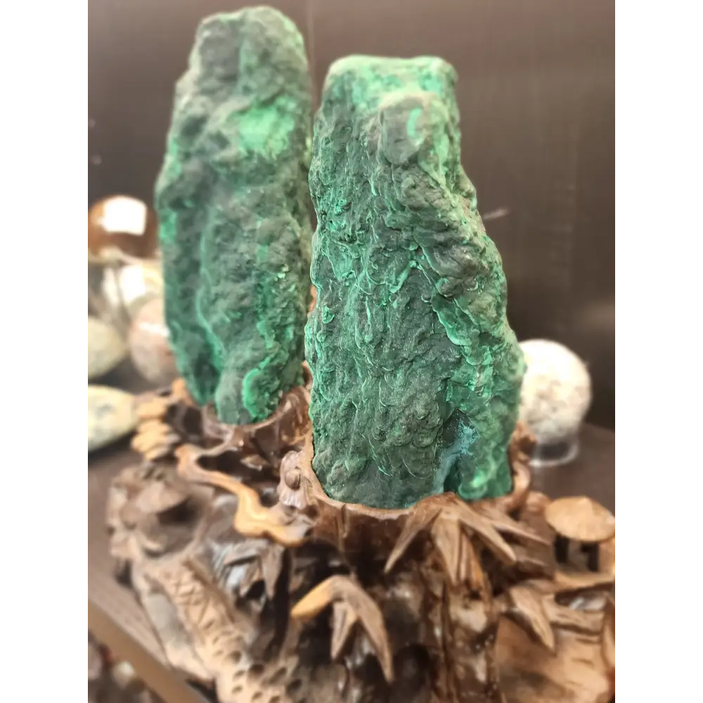 š“š Gorgeous Double Malachite Tower Specimen with Palm Tree Scenery ā Natureās Artistry & Heart Healing! ⨠- Specimens