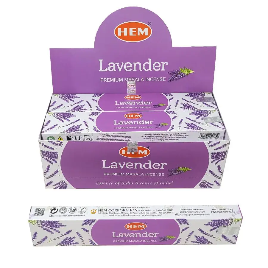 Box of HEM Premium Lavender and White Sage Incense Sticks with individual sticks displayed, set against a white background. Perfect for tranquility, purification, and sacred calm.