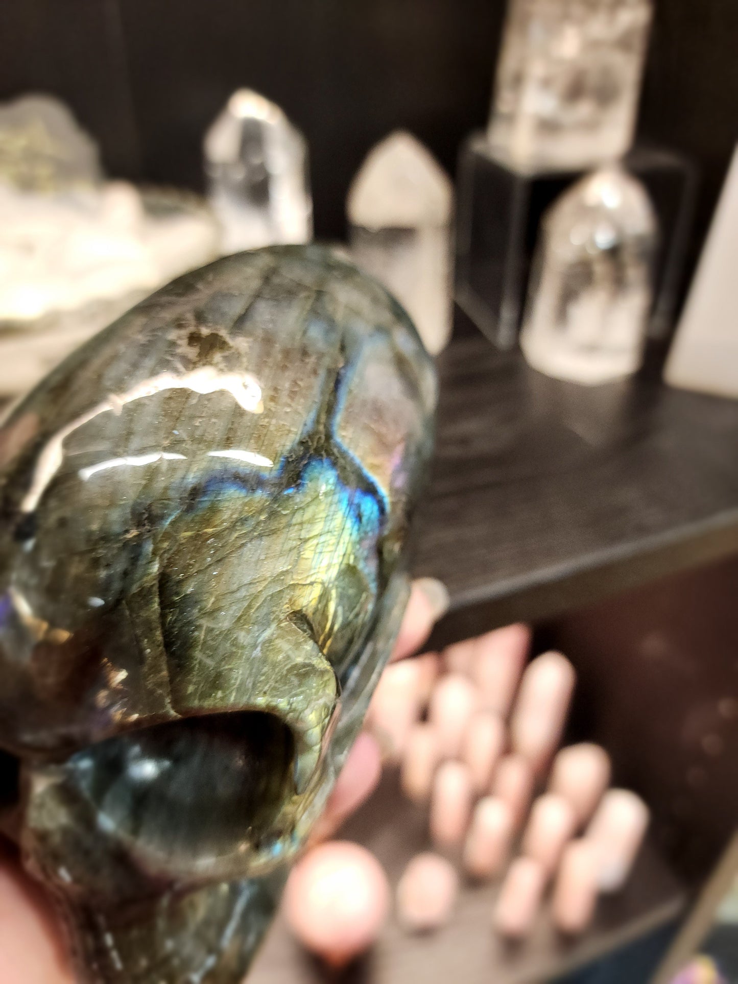 ๐ฝ๐ Labradorite Alien Skull with Purple Flash โ 7โโ Long 4โโ Tall โ Cosmic Mystique & Intuitive Power! ๐ - Carvings
