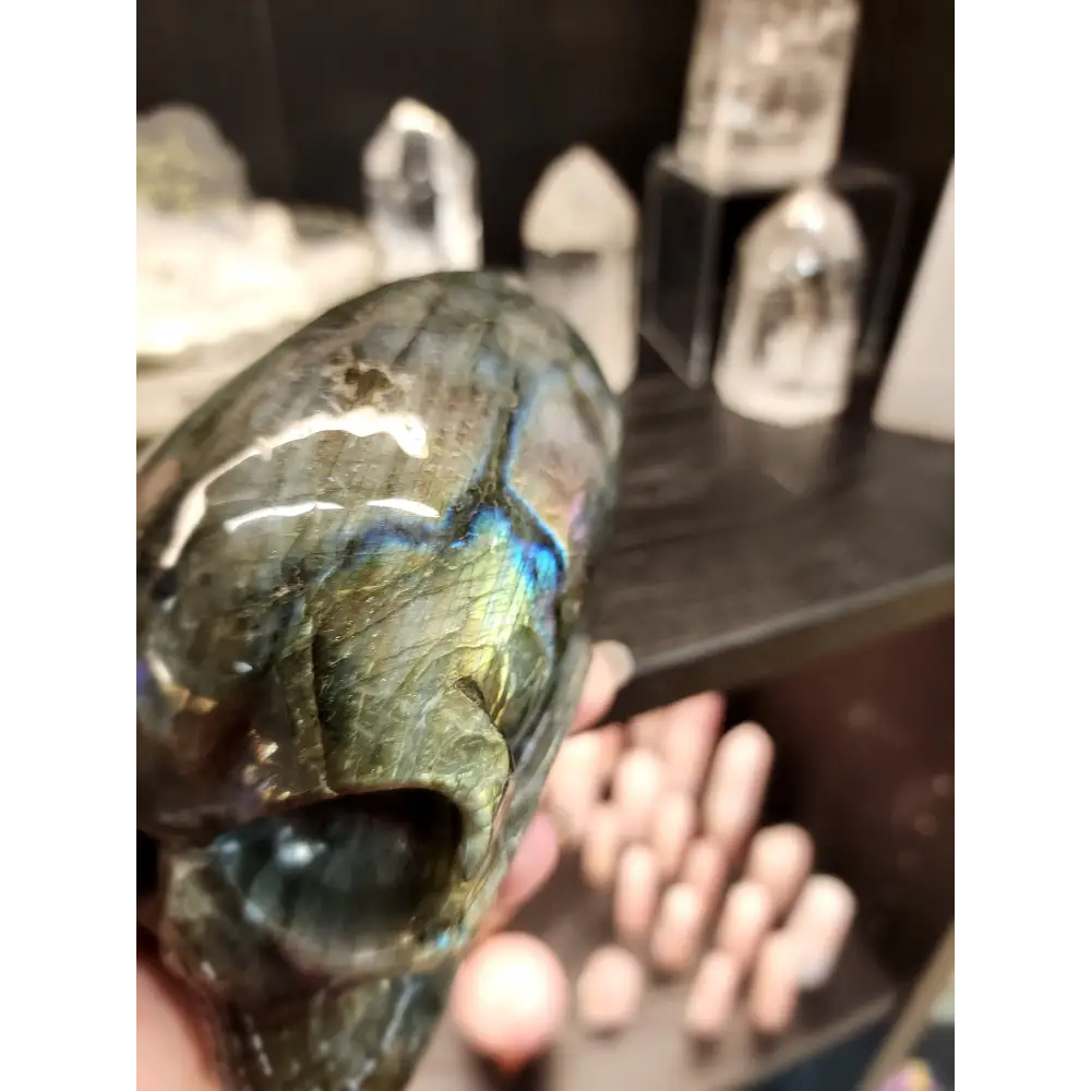 👽💜 Labradorite Alien Skull with Purple Flash – 7’’ Long 4’’ Tall – Cosmic Mystique & Intuitive Power! 🌌 - Carvings