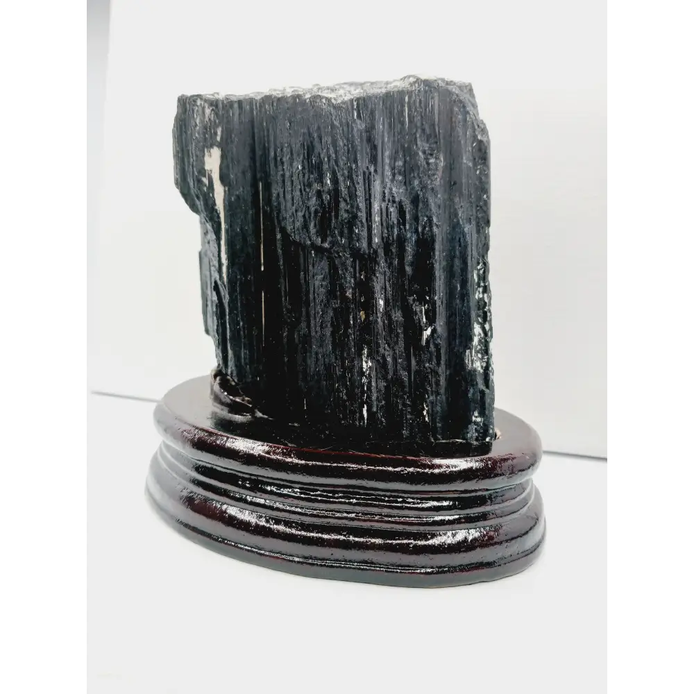 🖤🌳 Large Black Tourmaline on Wood Stand – Protection Grounding and Bold Energy ✨ - Specimens