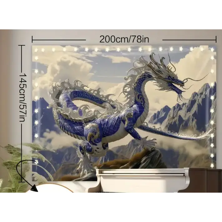 Large 78" x 57" tapestry featuring a luminous dragon flying over glowing mountain peaks, displayed on a white background. Perfect for New Year’s energy, transformation, and mystical decor.