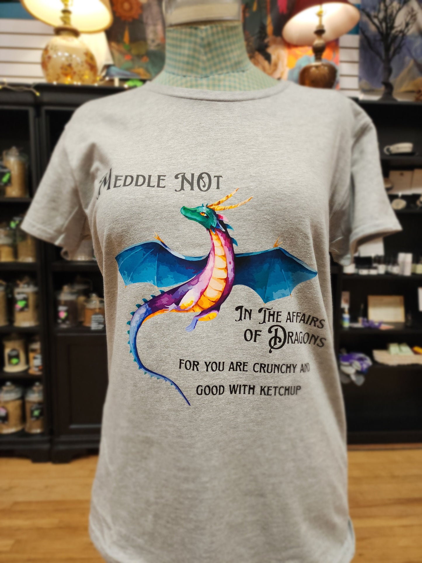Meddle Not in the Affairs of Dragons T-Shirt – Sassy Mythical Dangerously Delicious 🐉🍔 - Grey / Large - Black