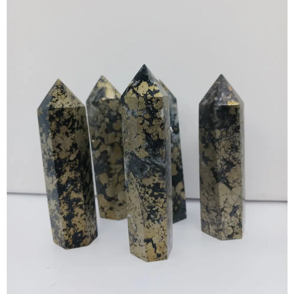 Hand-carved Pyrite with Black Quartz tower, 3.75 to 4 inches tall, featuring golden pyrite sparkles and deep black quartz, displayed on a white background.