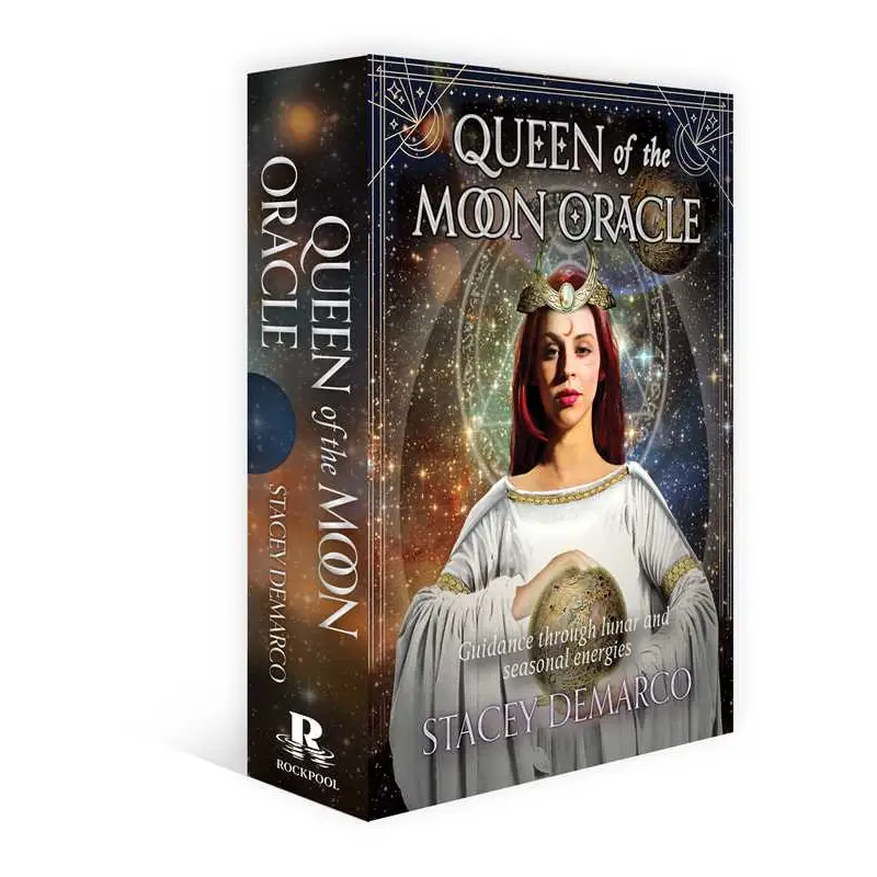 Queen of the Moon Oracle deck by Stacey Demarco, featuring beautifully illustrated cards and a 112-page guidebook, displayed on a white background.