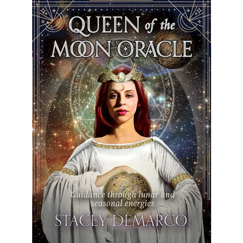 Queen of the Moon Oracle deck by Stacey Demarco, featuring beautifully illustrated cards and a 112-page guidebook, displayed on a white background.