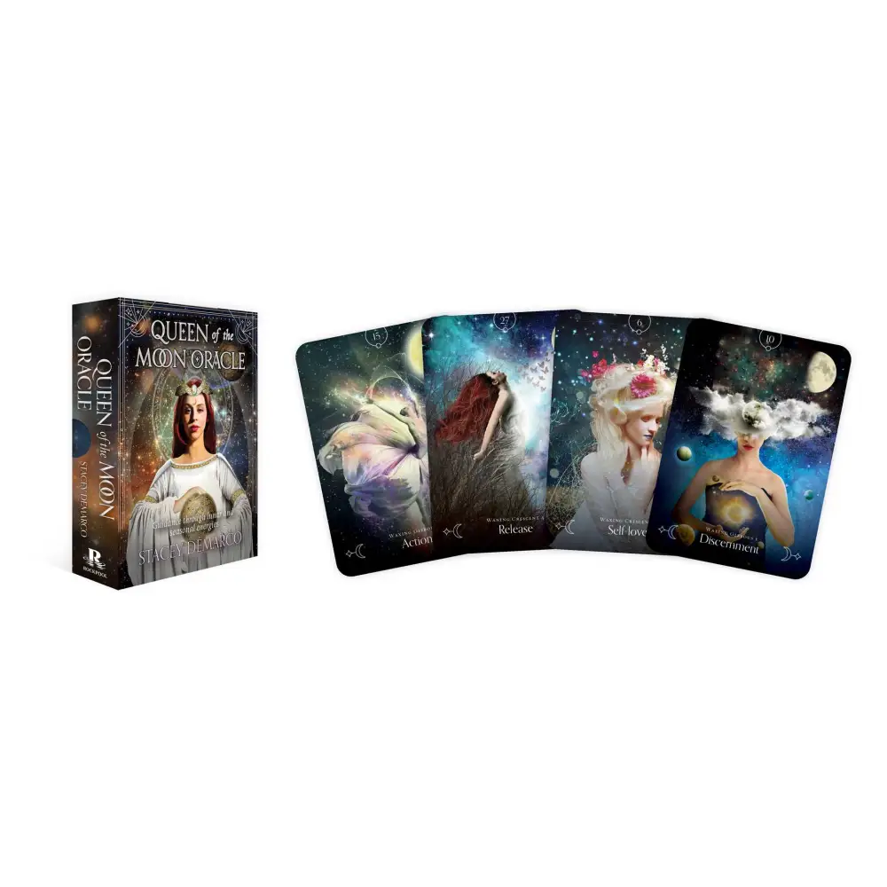 Queen of the Moon Oracle deck by Stacey Demarco, featuring beautifully illustrated cards and a 112-page guidebook, displayed on a white background.