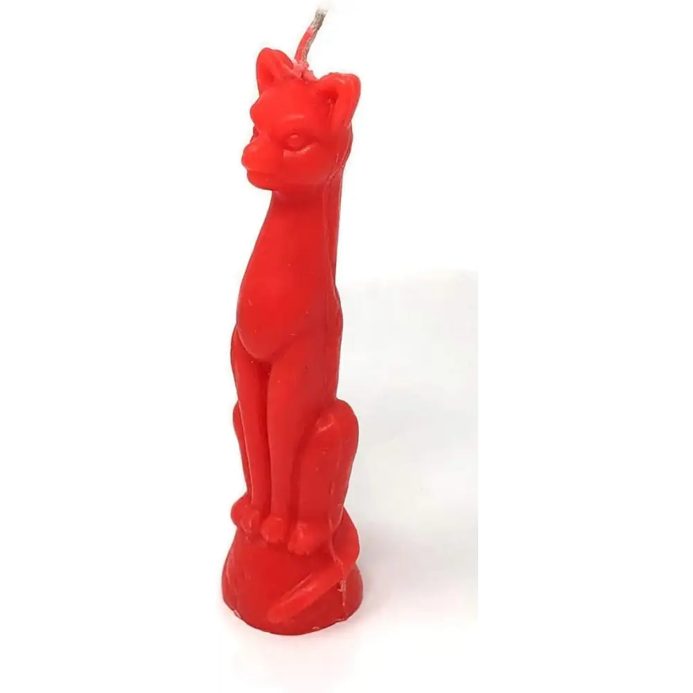 6-7" red candle shaped as a cat figure, displayed on a white background. Perfect for power, protection, and magical manifestation.