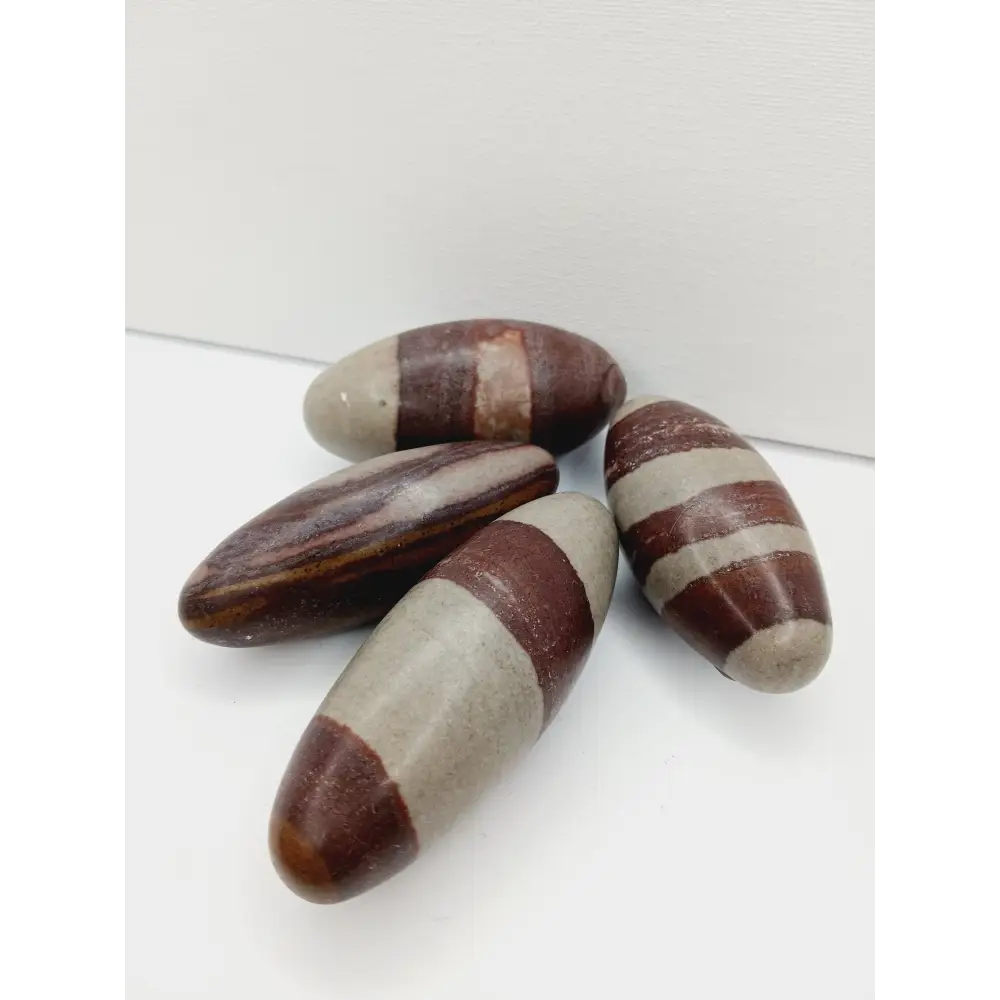 Shiva Lingam stones, polished with natural earthy patterns, available in sizes 1" to 8", displayed on a white background.