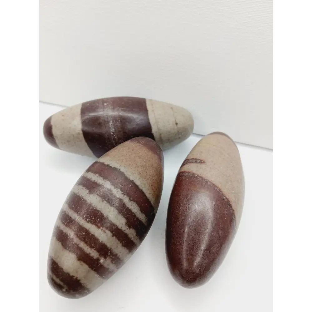 Shiva Lingam stones, polished with natural earthy patterns, available in sizes 1" to 8", displayed on a white background.