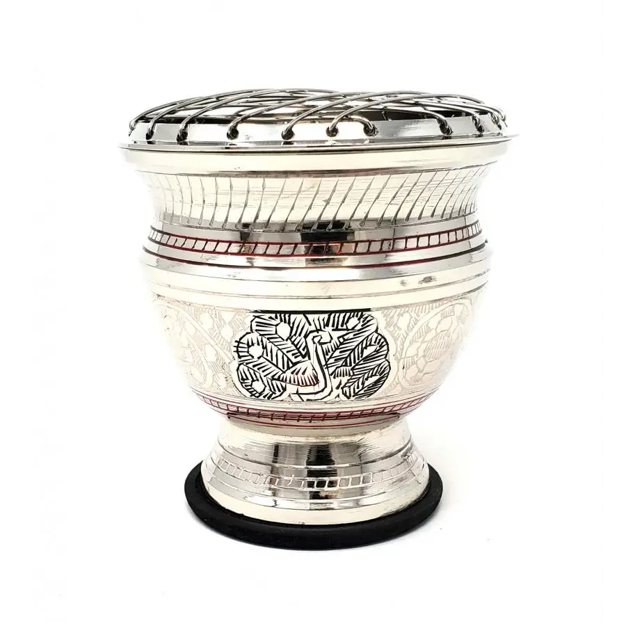 Silvertone Peacock Carved Brass Screen Charcoal Burner w/Coaster - Incense & Burners