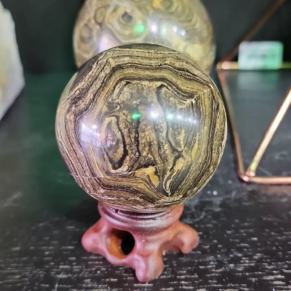 Hand-polished Stromatolite fossil sphere, approximately 2.5 inches in diameter, featuring swirling earthy fossilized patterns, displayed on a white background.