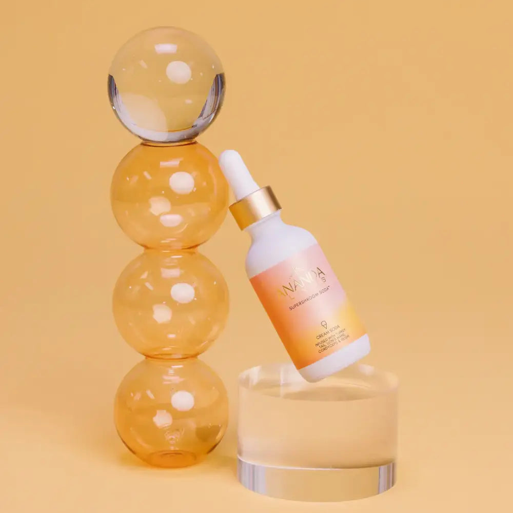 Supershroom Soda by Ananda Elixirs, featuring vibrant label design, displayed on a white background. Perfect for wellness, plant magic, and functional fizz.