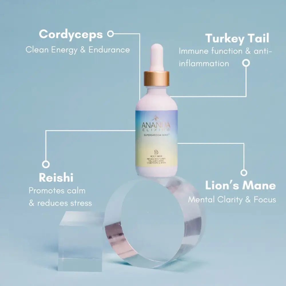 Supershroom Soda by Ananda Elixirs, featuring vibrant label design, displayed on a white background. Perfect for wellness, plant magic, and functional fizz.