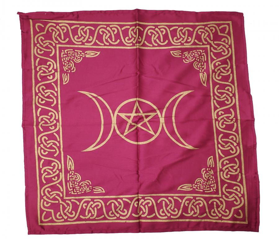 Triple Moon with Pentagram Altar Cloth Golden print on Magenta Pink 21x21’’ - Tapestry