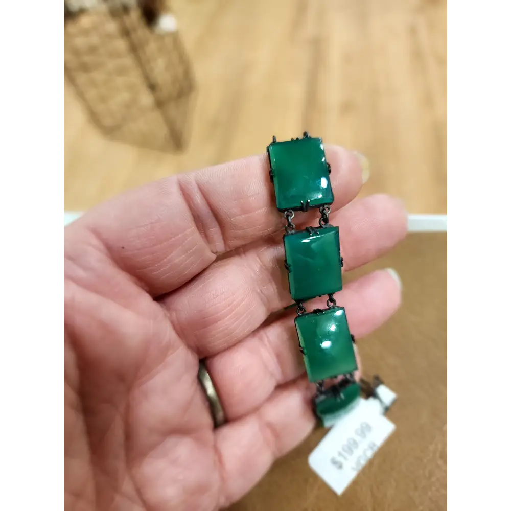 💚✨ Vintage Art Deco Green Chrysoprase Bracelet with Sterling Silver Clasp – Timeless Elegance & Heart Healing Energy! 🌿