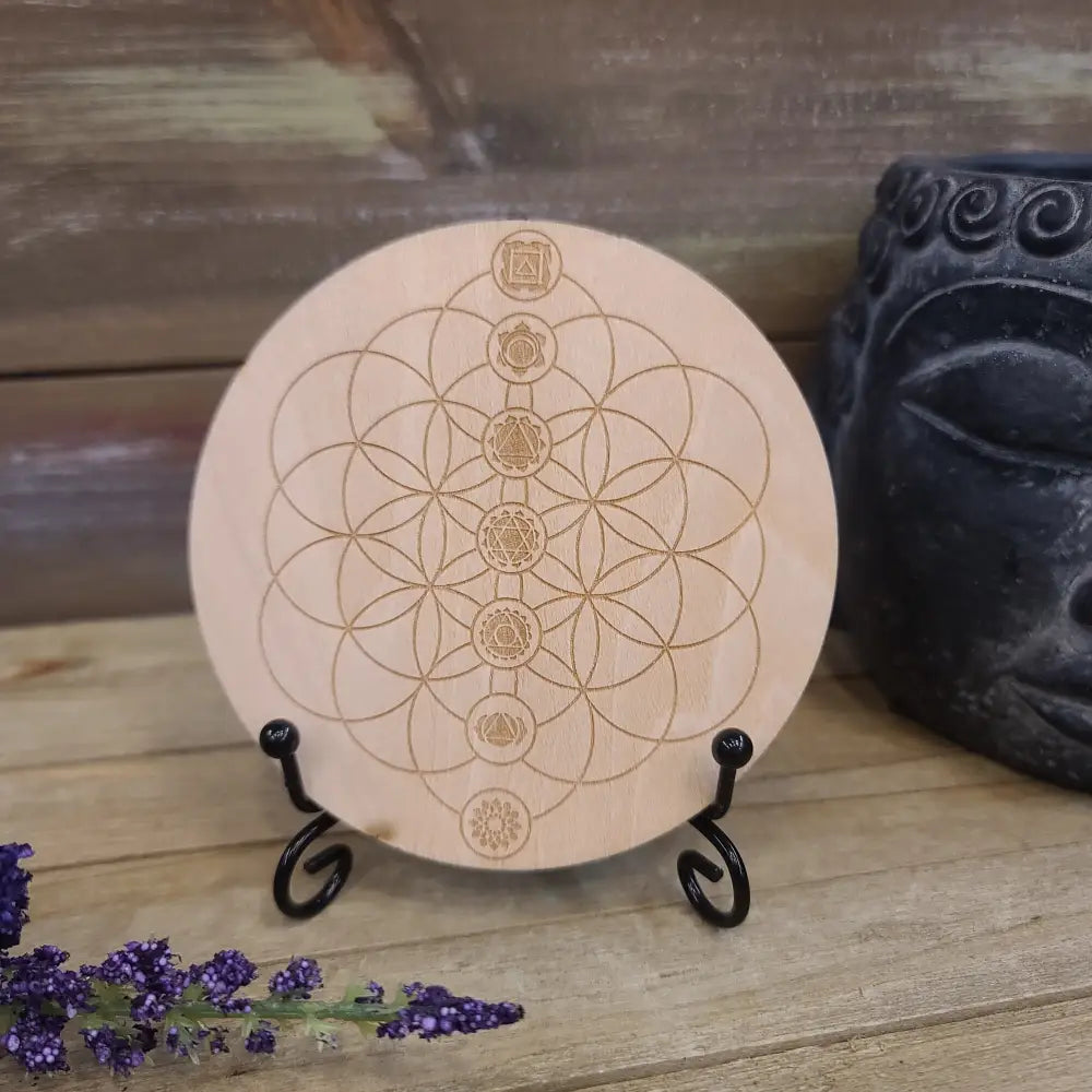 Wood Crystal Grids - Chakra with Flower of Life 4’’ - Grid Working