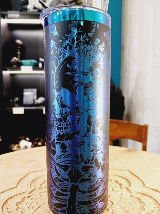 💀🌸 20 oz. Black and Rainbow Metal Tumbler – Delicate Skulls and Flower Laser Etched Bold Hydration and Magical