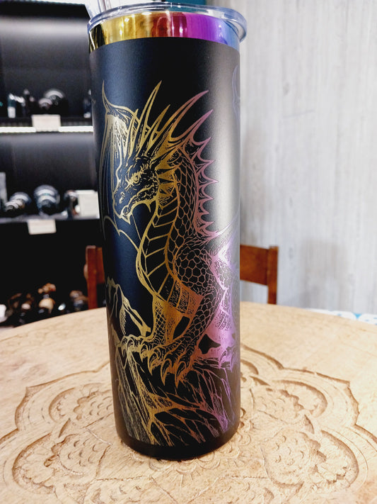 🐉🌈 20 oz. Black and Rainbow Metal Tumbler – Mountain Dragon Laser Etched Magical Hydration and Adventure-Ready! ✨
