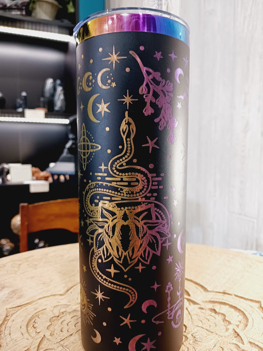 🌈🔮 20 oz. Black and Rainbow Metal Tumbler – Pagan Symbol Laser Etched Magical Hydration and Adventure-Ready! ✨