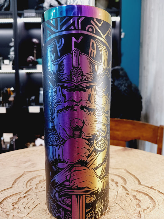 ⚡️🌈 20 oz. Black and Rainbow Metal Tumbler – Thor God of Thunder and Runic Art Laser Etched Epic Hydration and Norse