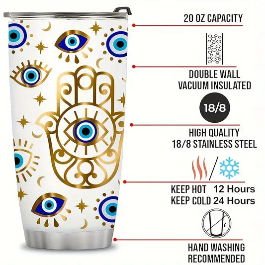 🧿☕ 20oz Stainless Steel Insulated Coffee Mug with Lid – Evil Eye Protection On-the-Go! ✨ - Drinking Vessels