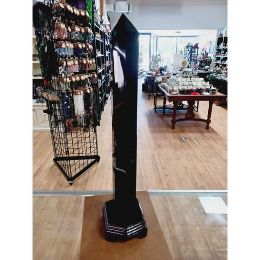 🖤✨ 22.5’’ Huge Black Obsidian Tower with Wood Base – Ultimate Protection Power and Bold Statement Energy! 🌑 - Towers