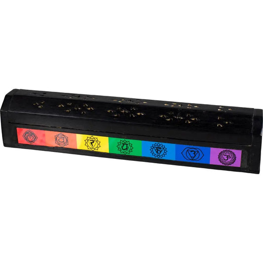 Wood incense storage box with colorful 7 chakra design, displayed on a white background.