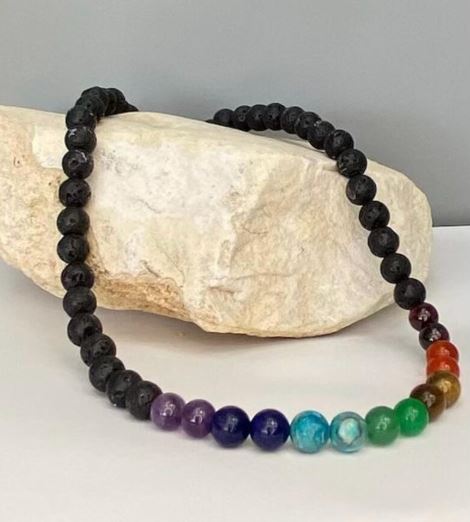 8 mm beaded necklace featuring black lava stones and a row of colorful chakra stones, displayed on a white background. Perfect for grounding, chakra balance, and aromatherapy.