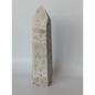 Hand-carved Albite Mica tower featuring radiant white albite with shimmering mica inclusions, displayed on a white background.