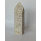 Hand-carved Albite Mica tower featuring radiant white albite with shimmering mica inclusions, displayed on a white background.