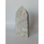 Hand-carved Albite Mica tower featuring radiant white albite with shimmering mica inclusions, displayed on a white background.