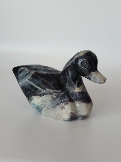Assorted hand-carved animal figurines made from Blue Tiger’s Eye, Fluorite, and Tiger’s Eye crystals, each featuring unique colors and patterns, displayed on a white background.