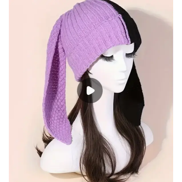 Bunny Beanie Stocking Cap Hat - Black/Purple - Clothing & Apparel
