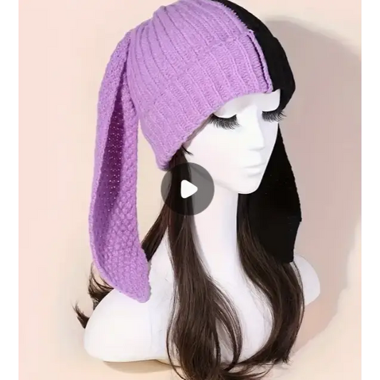 Bunny Beanie Stocking Cap Hat - Black/Purple - Clothing & Apparel