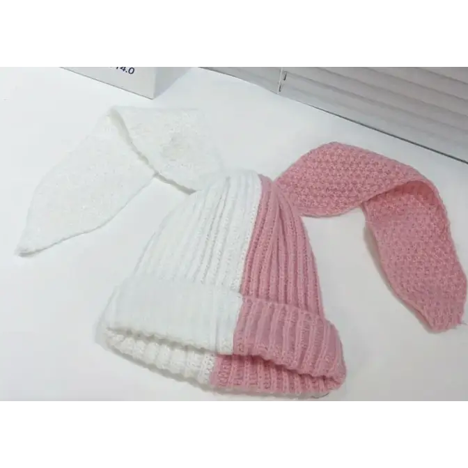 Bunny Beanie Stocking Cap Hat - Pink/White - Clothing & Apparel