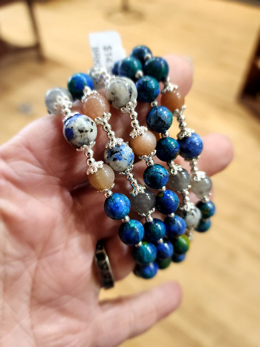 🌿 Chrysocolla K2 Peach Moonstone and Labradorite Bracelets - 8mm with Slide Chain Extension ✨ - OMC BRACELETS