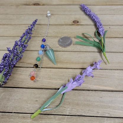 CONE PENDULUM W/CHAKRA CHAIN - GREEN AVENTURINE - Pendulums & Mats