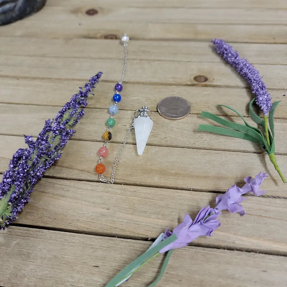 CONE PENDULUM W/CHAKRA CHAIN - QUARTZ - Pendulums & Mats