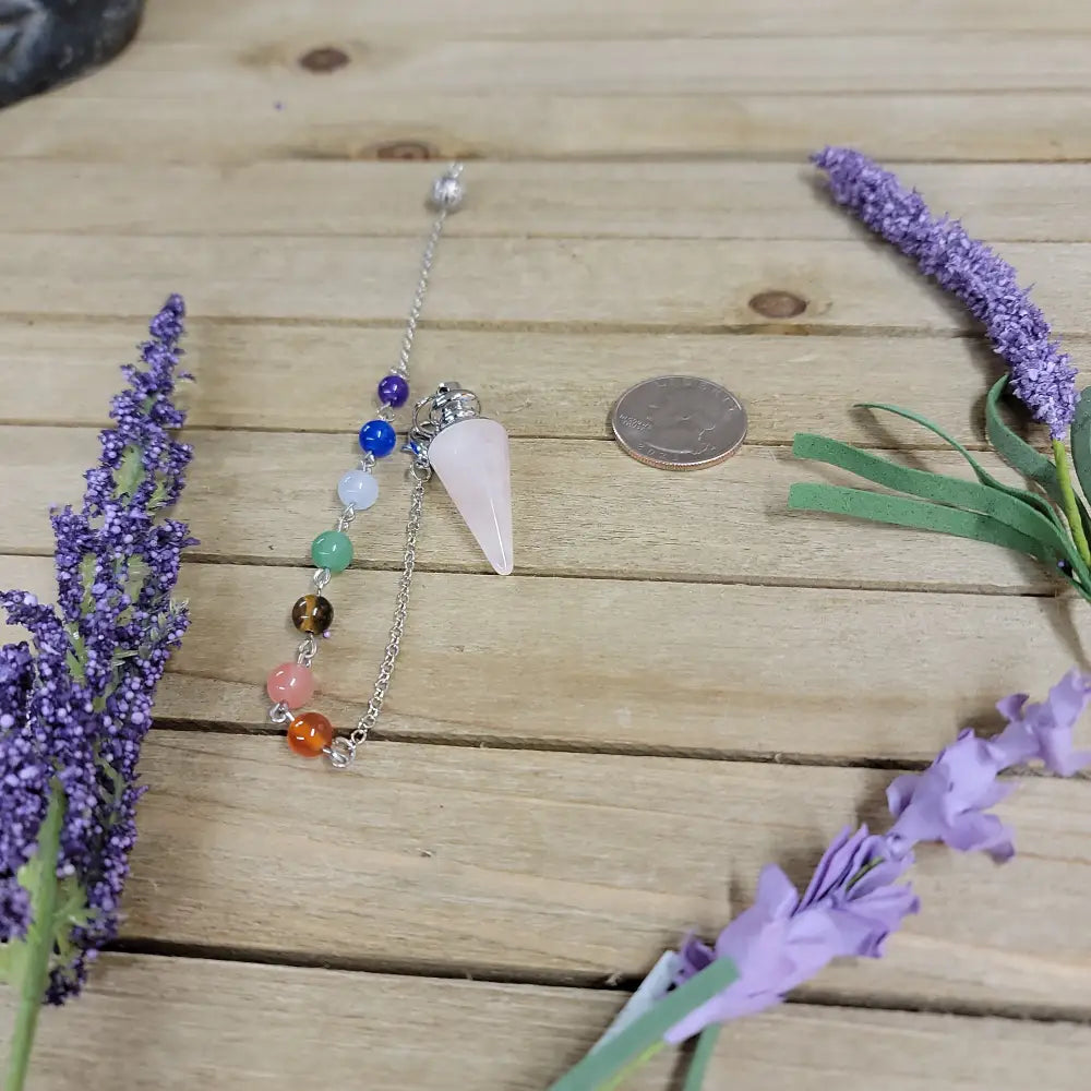 CONE PENDULUM W/CHAKRA CHAIN - ROSE QUARTZ - Pendulums & Mats