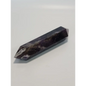 Double terminated Dream Amethyst crystal featuring bold purple and white chevron patterns, displayed on a white background.