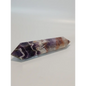 Double terminated Dream Amethyst crystal featuring bold purple and white chevron patterns, displayed on a white background.