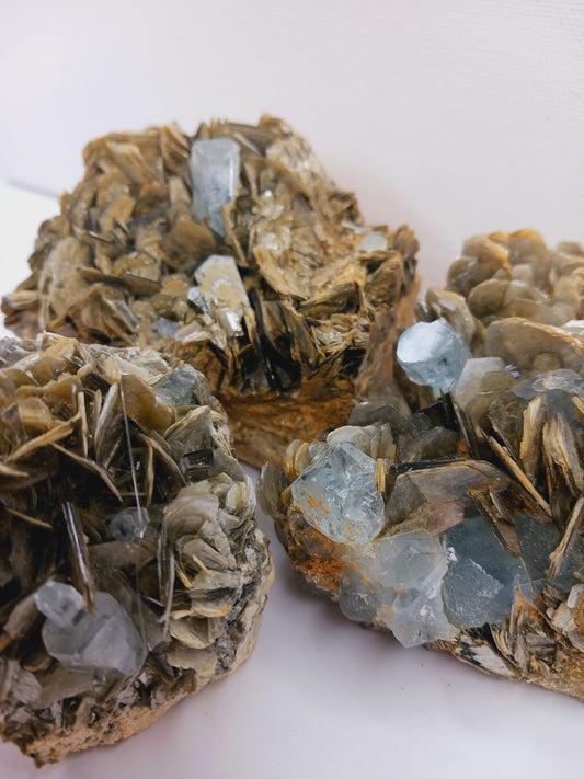 Muscovite with aquamarine specimen, showcasing shimmering layers and blue crystal accents, displayed on a white background.