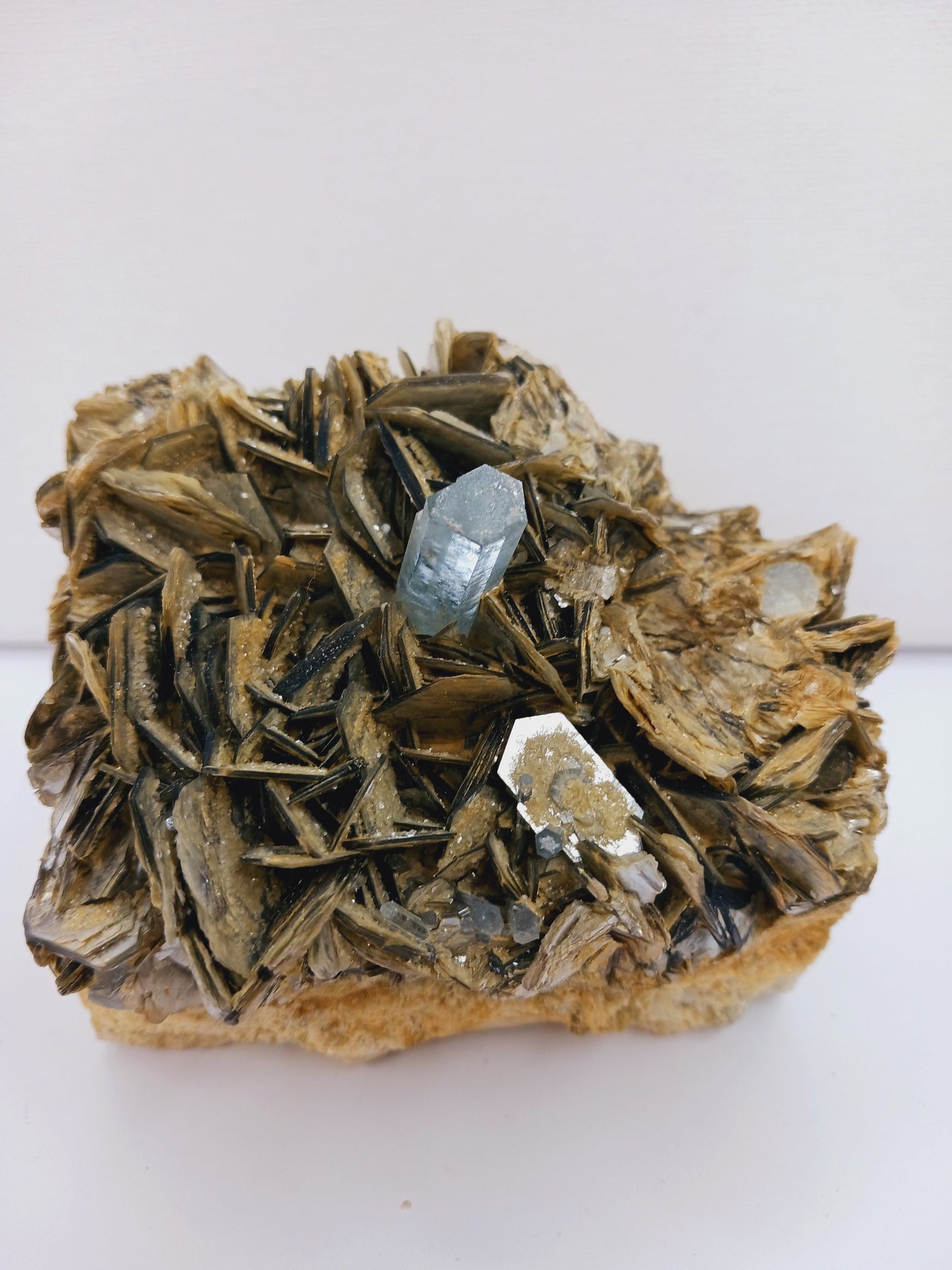 Muscovite with aquamarine specimen, showcasing shimmering layers and blue crystal accents, displayed on a white background.