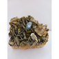 Muscovite with aquamarine specimen, showcasing shimmering layers and blue crystal accents, displayed on a white background.