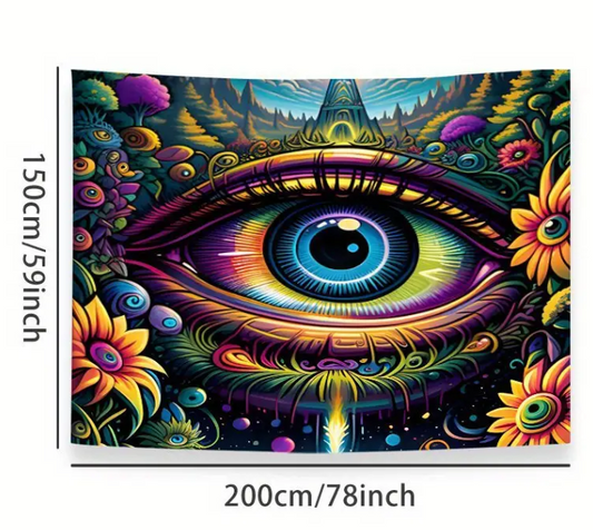 Large 78" x 59" tapestry featuring a bold evil eye surrounded by vibrant flowers, displayed on a white background. Perfect for protection, vibrant decor, and spiritual style.
