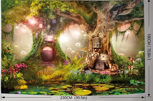 Large 90" x 70" tapestry featuring an enchanted fairy forest with ancient trees and glowing lights, displayed on a white background. Perfect for nature magic, whimsical decor, and enchanted vibes.